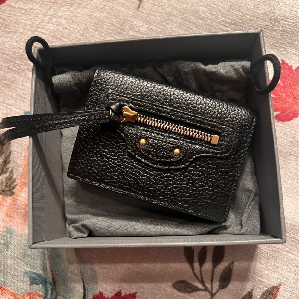 Balenciaga Black Leather Wristlet Card Wallet with Gold Hardware